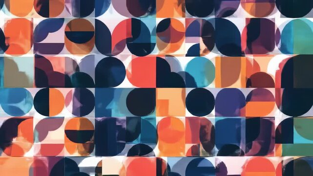 Geometric abstract in a grid with layered shapes and vibrant colors