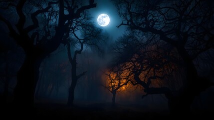 Naklejka premium Giant full moon glowing over dark misty forest with twisted trees and orange moonlight