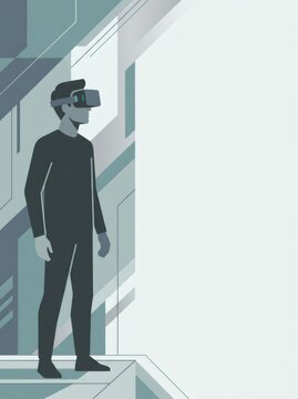 Man wearing virtual reality headset. Guy experiencing metaverse and digital world. Future innovative technology for entertainment and simulation. Abstract gaming concept in flat style.