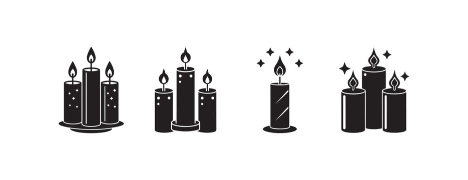 candles with flames and sparkles on white background  various candle designs and styles  simple illustrations