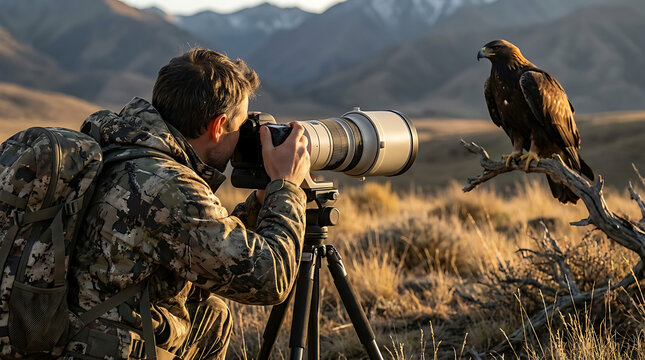 Man in camouflage taking photo of eagle perched on branch in field