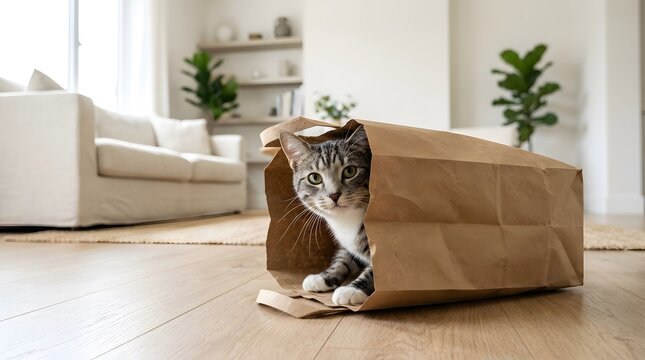 A cat is inside a brown paper bag in a living room. The room has a large couch and indoor plants. Sunlight comes through the windows onto the floor
