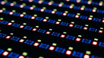 Fototapeta premium Technology - Extreme Macro Close Up of RGB LED Display Pixels Glowing Red Green Blue on Dark Background