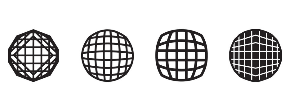 wireframe globe icons in different shapes and grid patterns for web and design use  isolated on white background