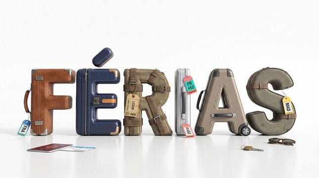 Letreiro 3D sofisticado com a palavra F&Eacute;RIAS inspirado em malas e etiquetas de viagem para campanhas premium de turismo e lazer
