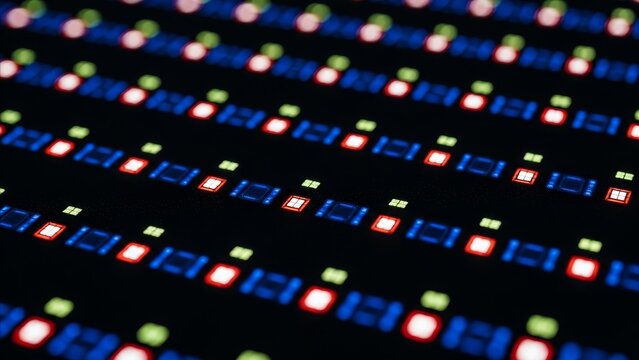Technology - Extreme Macro Close Up of RGB LED Display Pixels Glowing Red Green Blue on Dark Background
