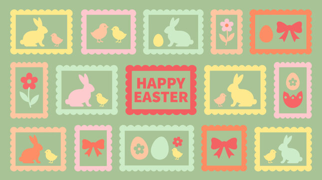Cute pastel Easter greeting card with bunnies chicks eggs and flowers in decorative frames on green background