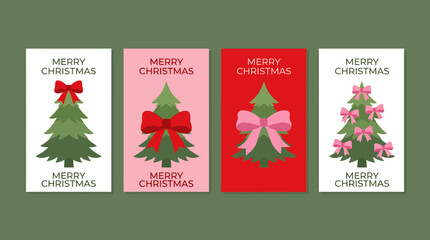 Naklejka premium Set of cute Christmas tree greeting card designs with bows and ribbons on colorful backgrounds