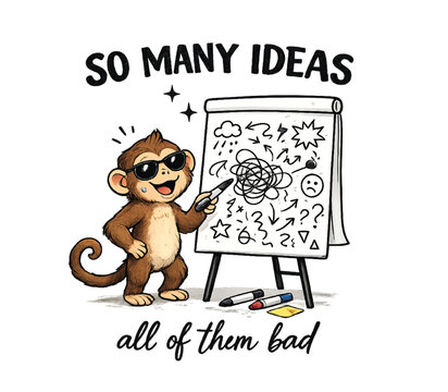 Cheerful cartoon monkey in sunglasses stands by a flipchart full of chaotic drawings