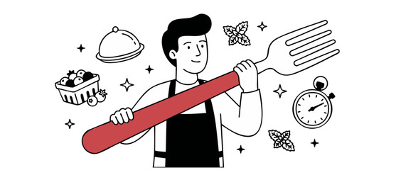 Chef holding giant fork illustration in line art style for cooking, meal prep, healthy food concept with timer, berries, and cloche icons on white background, minimalist vector graphic design. © Dinali