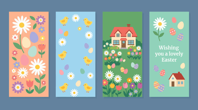 Cute spring Easter banners with chicks flowers eggs and cottage house in pastel colors