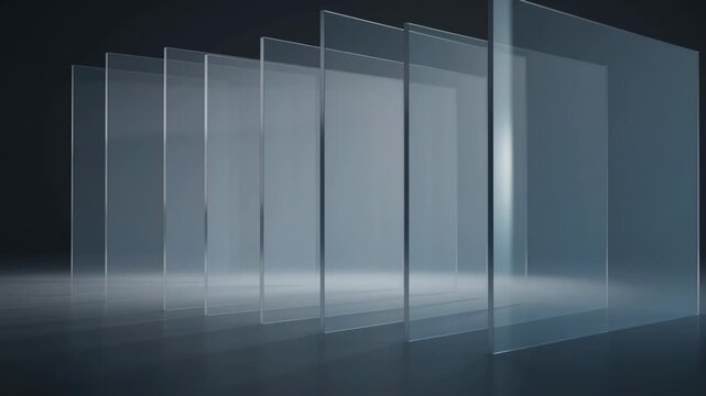 Abstract geometric background with shifting light on transparent glass panels creating a futuristic minimal corporate presentation backdrop representing innovation and clarity