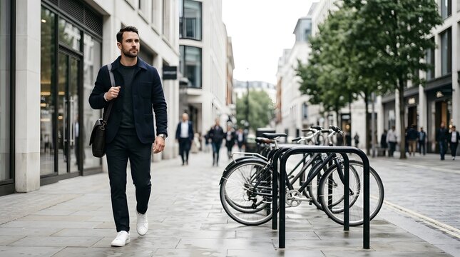 A man walks down a busy city street with bicycles parked along the sidewalk. Other pedestrians move around him as he carries a bag and wears casual clothing