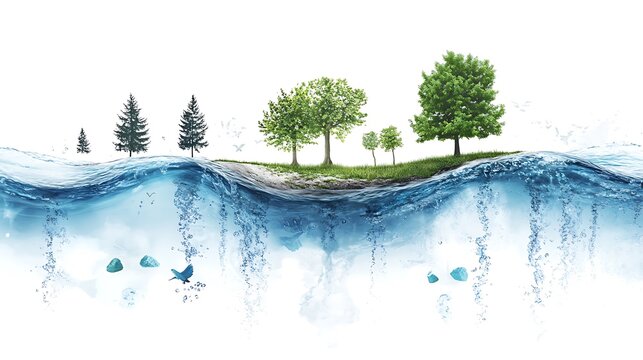 Water cycle concept with trees and water flow