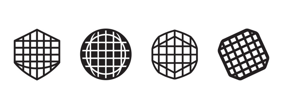 Wireframe geometric shapes in black and white for 3D modeling and design applications  various grid based forms