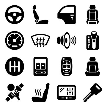 Collection of car interior and vehicle component icons representing dashboard controls and automotive features with interior dashboard steering speedometer