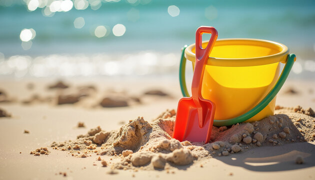 colorful beach bucket and shovel resting on sand by the shore with gentle waves in the background, concept summer fun