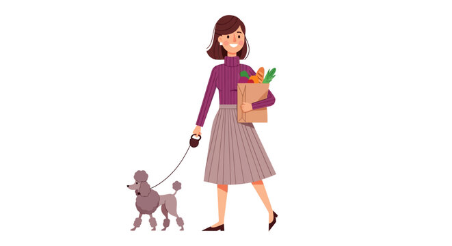 Woman walking poodle while carrying groceries.