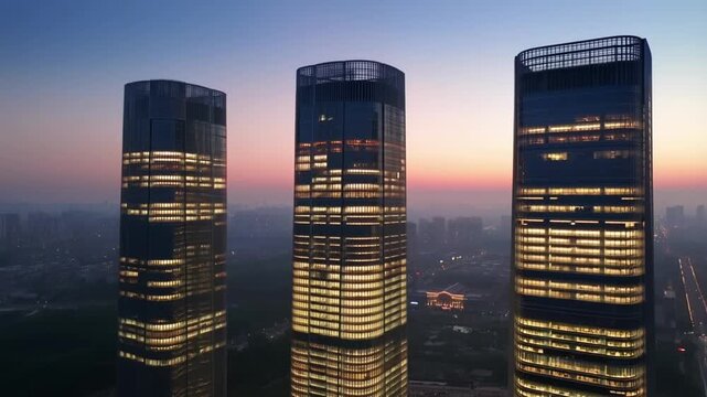 Three sleek skyscrapers stand tall in a cityscape at dusk with illuminated windows