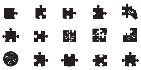 Naklejka premium Puzzle piece icon set. Jigsaw business solution symbol. Teamwork integration connection logo. Game element strategy sign. Vector illustration. Vector Graphic. EPS 10