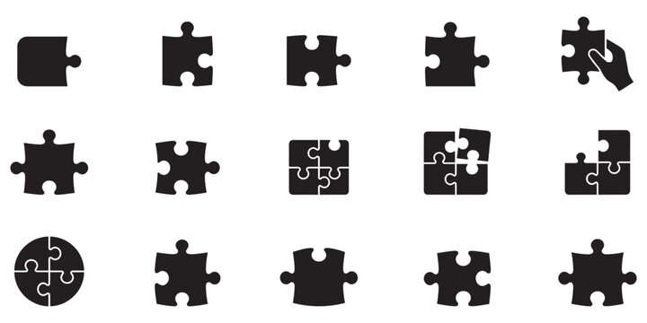 Puzzle piece icon set. Jigsaw business solution symbol. Teamwork integration connection logo. Game element strategy sign. Vector illustration. Vector Graphic. EPS 10