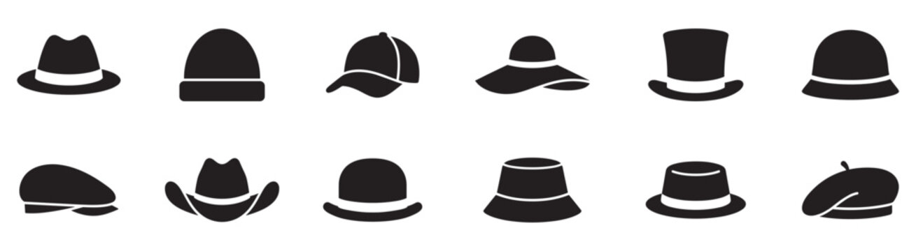 Hat silhouette icon set. Various caps and hats in bold silhouette design. Vector Illustration.