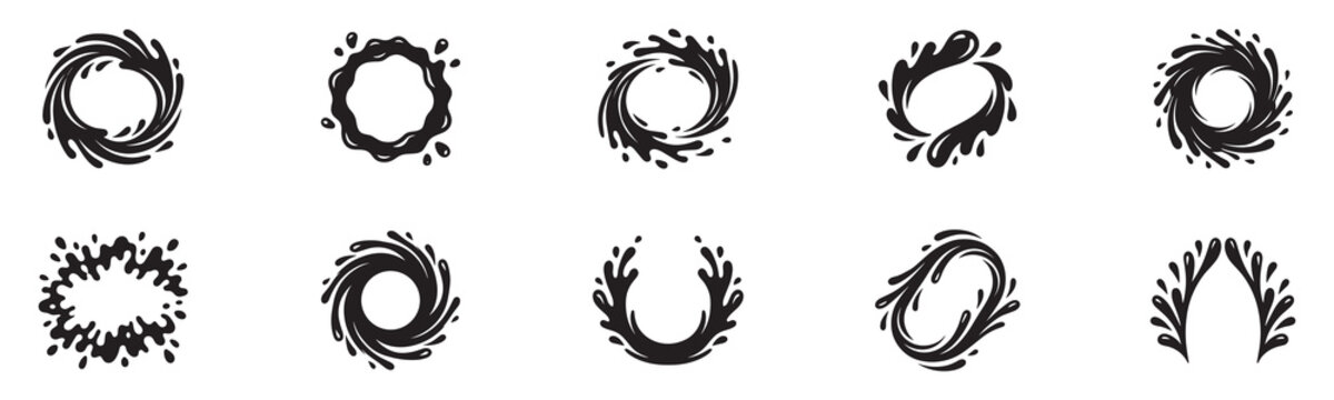 Water splash circle icon set. Liquid swirl paint droplet symbol. Dynamic fluid wave vortex logo. Ink splatter frame wreath sign. Vector illustration. Vector Graphic. EPS 10