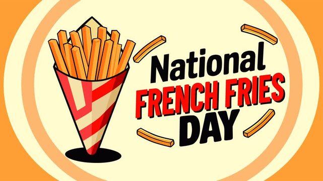 Eye-catching National French Fries Day footage featuring a carton of crispy golden fries with bold typography. Perfect for food promotions, restaurant advertising, social media, holiday campaigns