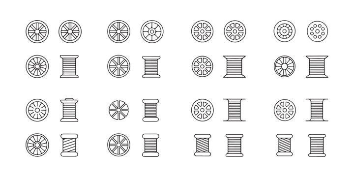 Collection of Spinning Wheel and Thread Spool Line Icons for Textile Industry