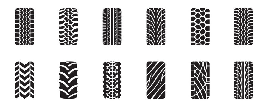 Tire tracks and tread marks silhouette set. Grunge car tyre print textures. Automotive wheel protector patterns for mud, offroad, and racing. Vector illustration, vector graphic.