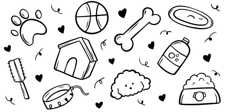 Hand drawn pet care and dog accessories vector doodles set containing paw print ball bone frisbee brush house collar shampoo poodle face and food bowl for domestic animal design elements