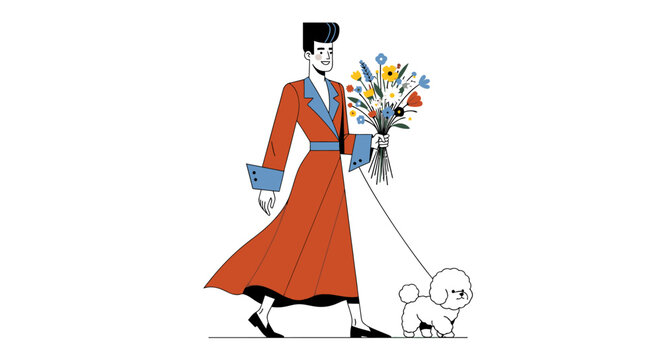 Elegant woman walking a poodle with flowers.