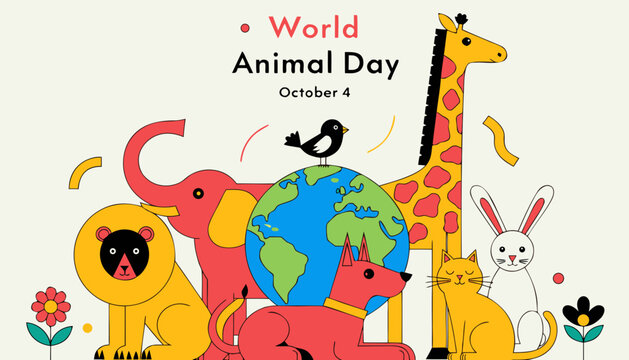 World Animal Day, colorful animal icons, globe illustration, eco friendly symbols, October 4th celebration