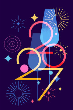 2027 New Year vector banner with cocktails or champagne and fireworks. Design for night party invitation or event poster