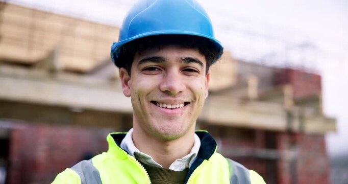 Face, builder and man at construction site with architecture, development and building infrastructure. Portrait, helmet and civil engineer outdoor for engineering safety, about us and career pride
