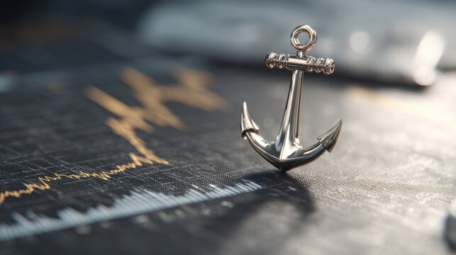 A silver anchor rests on a dark, textured surface with a faint stock market graph in the background, symbolizing stability and finance