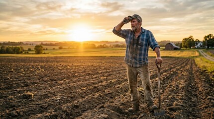 Fototapeta premium Tired farmer wiping sweat with shovel preparing soil in field at sunset.