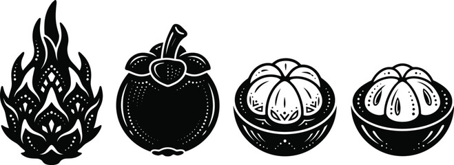 Obraz premium Dragon fruit and mangosteen black silhouette icon set with whole exotic fruits and cut open halves isolated on white background vector