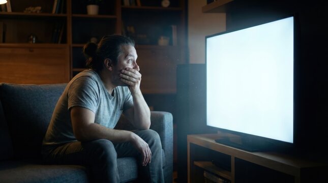 Shocked man watching blank white screen TV mockup on sofa in dark living room at night.