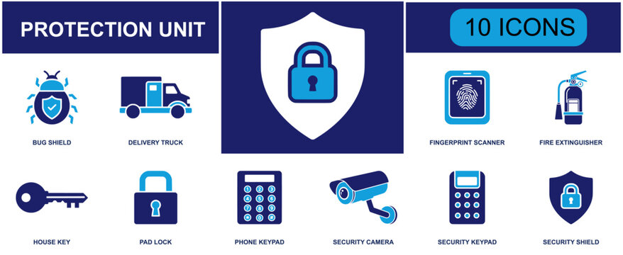 Protection unit icon set. Containing bug shield, delivery truck, fingerprint scan, fire extinguisher, house key, pad lock, camera, keypad, security shield and more. Solid fill vector icons.
