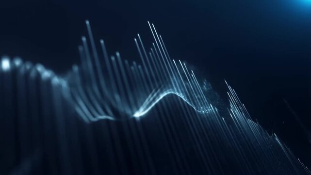 Glowing blue waveform data visualization rises prominently on dark background