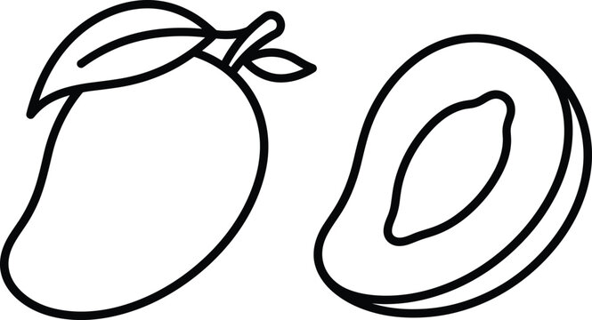 Mango fruit line art vector icon set with whole mango with leaf and cut open half slice with pit seed isolated