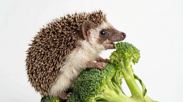 Adorable hedgehog exploring and eating fresh green broccoli florets on a white background