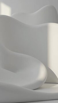 Abstract wavy white shapes with smooth soft curves in a serene architectural interior. Sunbeam creating moving light and shadow for a minimalist background concept