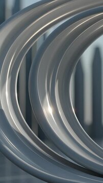 Abstract curved metal tubes with specular highlights reflecting bright sunlight, showcasing a sleek, futuristic industrial design and a modern architectural aesthetic