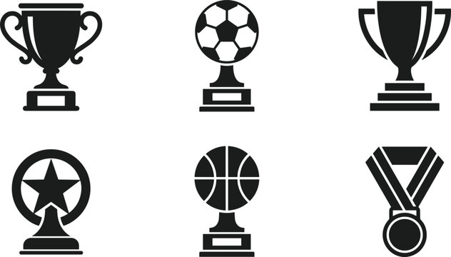 Golden sports trophy cup award icon set with football soccer basketball star badge and champion medal black vector illustration silhouette