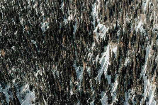Landscape of snowy Sheregesh mountain, peak hill range haze winter Bird eye view
