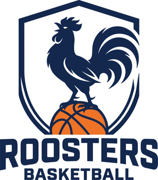 Roosters basketball sports team emblem vector illustration featuring proud rooster standing on a basketball inside shield logo template