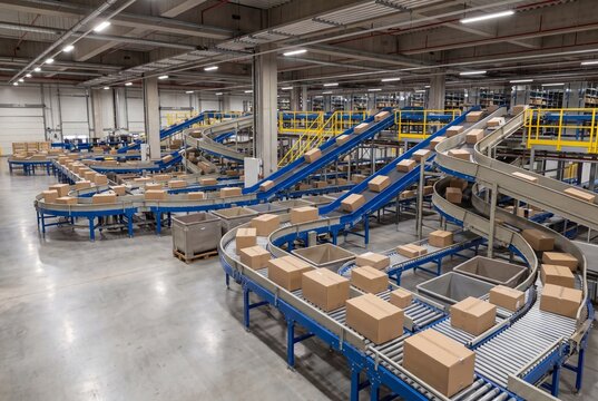 Industrial Cross Dock Interior with carton pallets and freight handling floor, brochure-ready scene for Freight Logistics Promotion