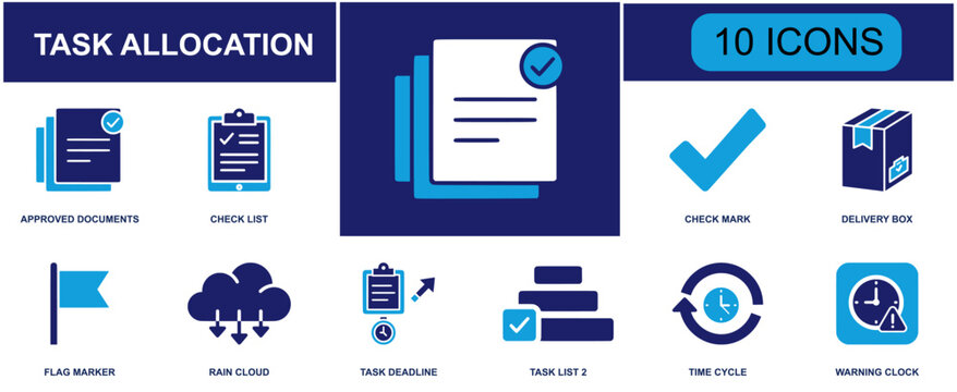 Task allocation icon set. Containing approved documents, checklist, check mark, delivery box, flag marker, task deadline, task list, time cycle, warning clock and more. Solid fill vector icons.